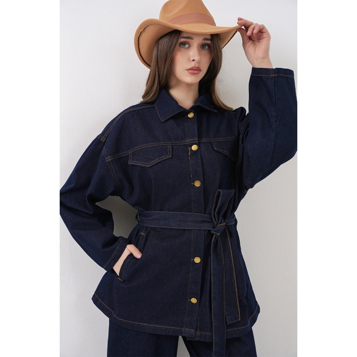 Kadın Ceket Pantolon Kot İkili Takım 30059 - Lacivert