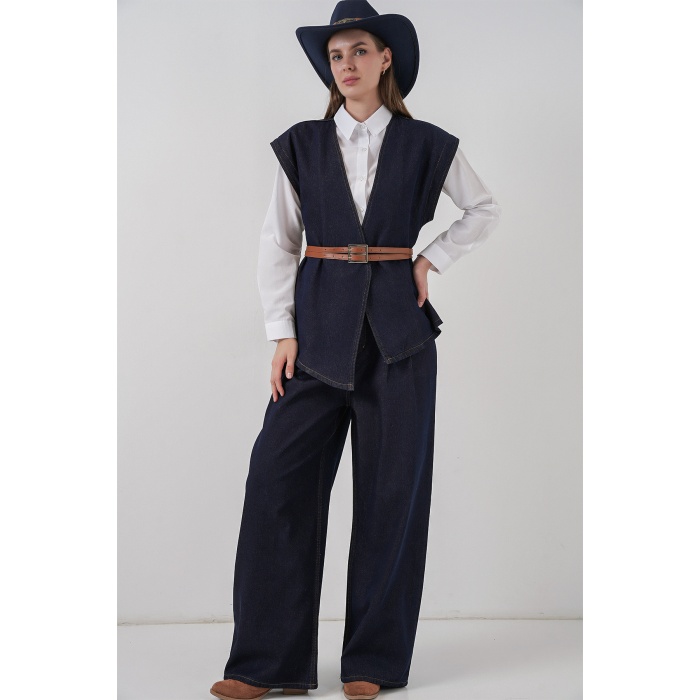 Kadın Yelek Pantolon Kot İkili Takım 30062 - Koyu Mavi