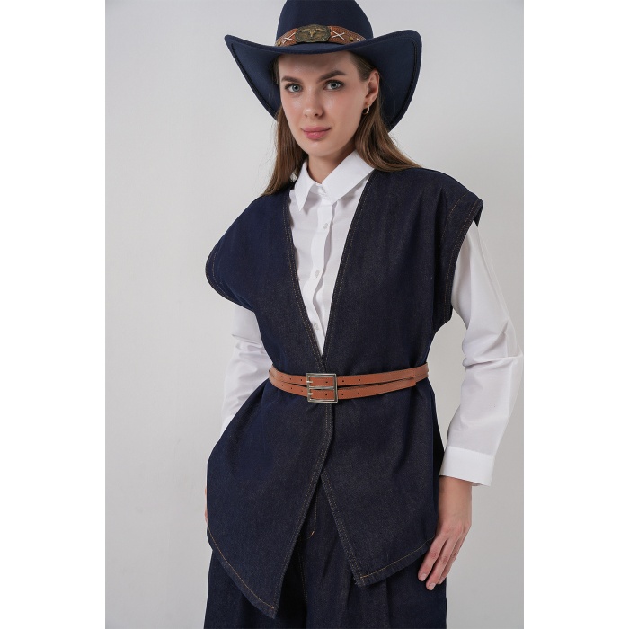 Kadın Yelek Pantolon Kot İkili Takım 30062 - Koyu Mavi