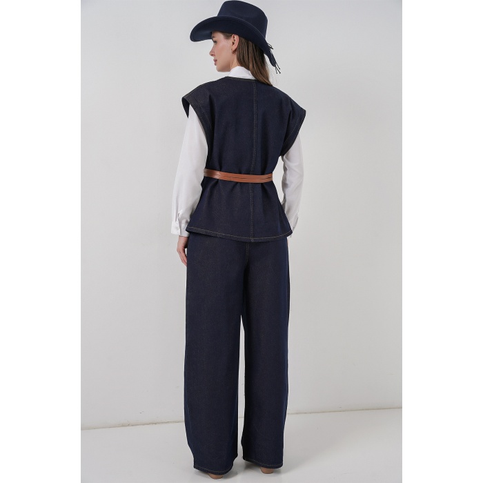 Kadın Yelek Pantolon Kot İkili Takım 30062 - Koyu Mavi