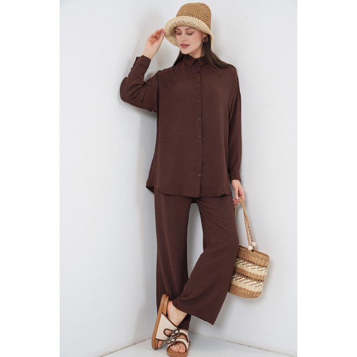 Kadın Gömlek Pantolon İkili Takım 30063 - Kahverengi