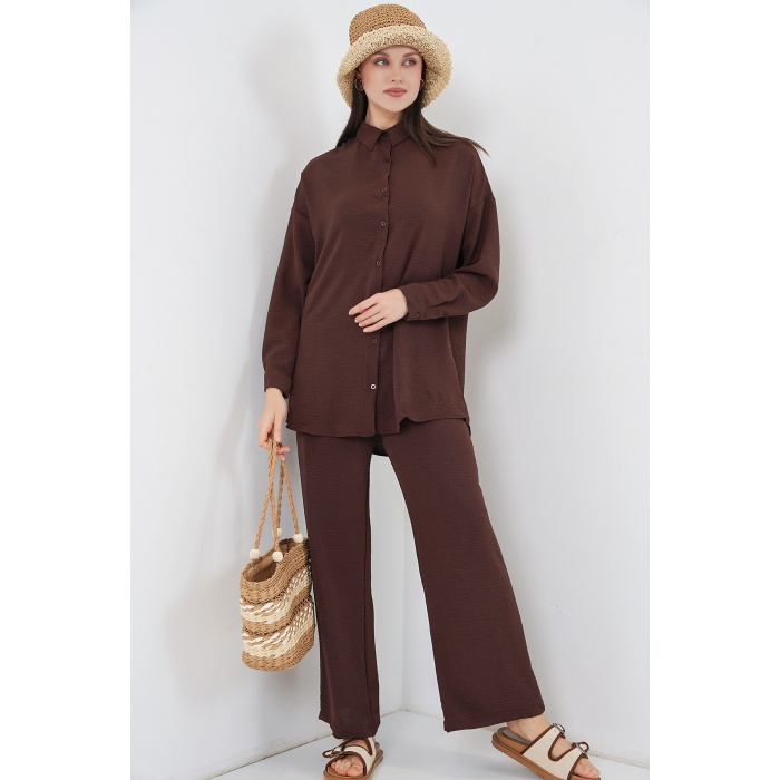 Kadın Gömlek Pantolon İkili Takım 30063 - Kahverengi