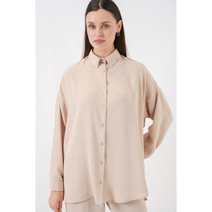 Kadın Gömlek Pantolon İkili Takım 30063 - Krem