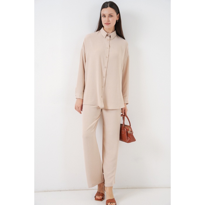 Kadın Gömlek Pantolon İkili Takım 30063 - Krem