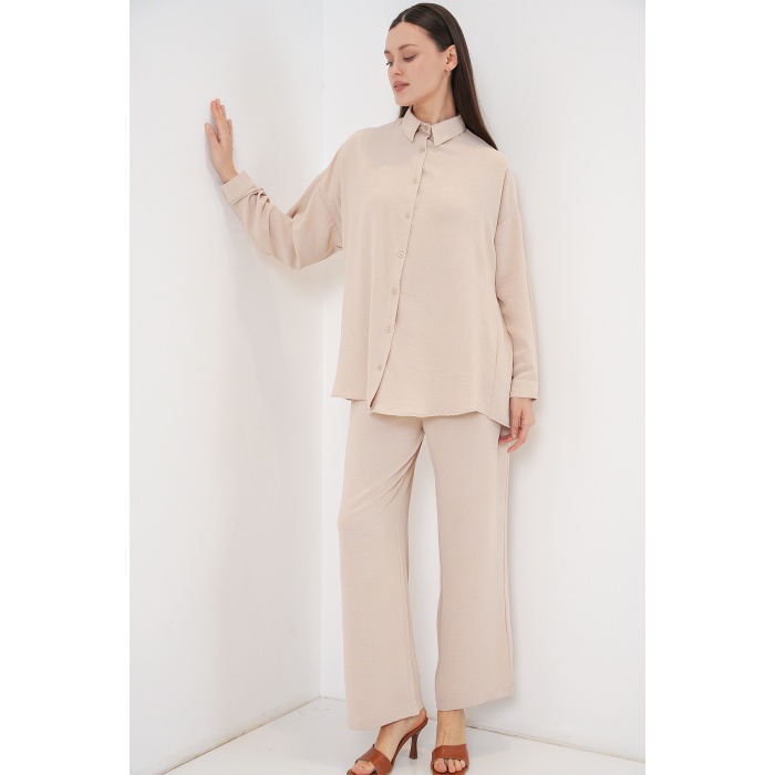 Kadın Gömlek Pantolon İkili Takım 30063 - Krem