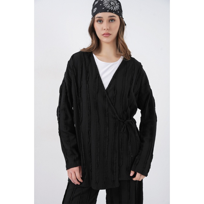 Kadın Örme Kimono Pantolon İkili Takım 30067 - Siyah