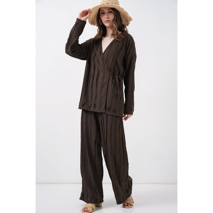 Kadın Örme Kimono Pantolon İkili Takım 30067 - Kahverengi