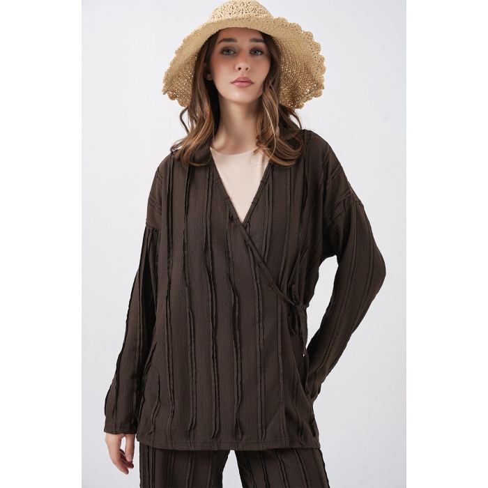 Kadın Örme Kimono Pantolon İkili Takım 30067 - Kahverengi