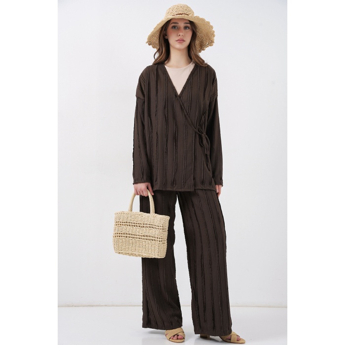 Kadın Örme Kimono Pantolon İkili Takım 30067 - Kahverengi