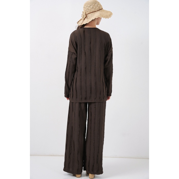 Kadın Örme Kimono Pantolon İkili Takım 30067 - Kahverengi