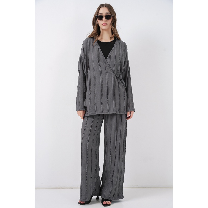 Kadın Örme Kimono Pantolon İkili Takım 30067 - Gri