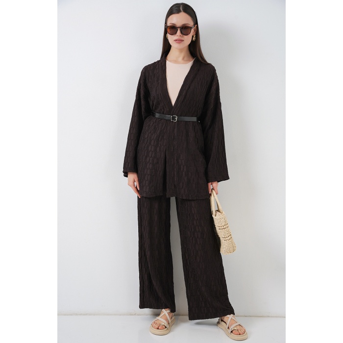 Kadın Kimono Pantolon İkili Takım 30078 - Kahverengi