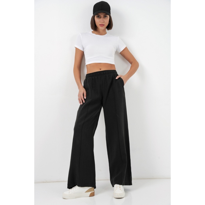Kadın Beli Lastikli Bol Paça Pantolon 30087 - Siyah