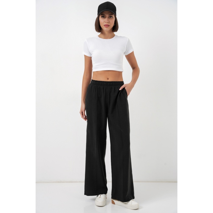 Kadın Beli Lastikli Bol Paça Pantolon 30087 - Siyah