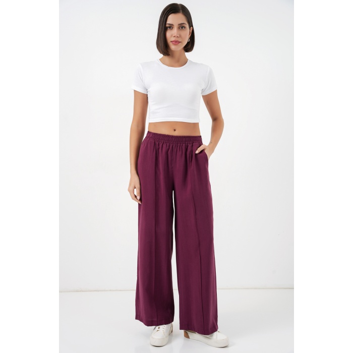 Kadın Beli Lastikli Bol Paça Pantolon 30087 - Bordo