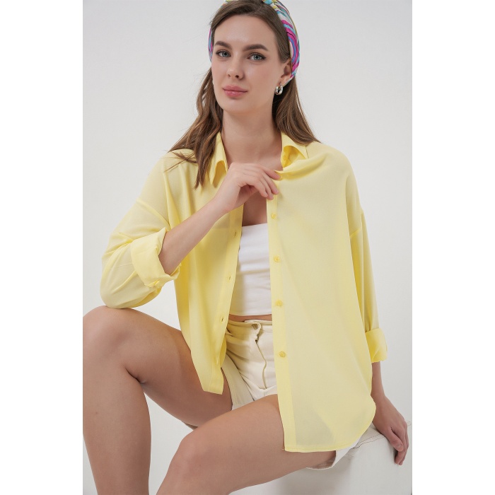 Kadın Oversize Viskon Gömlek 3785 - Sarı