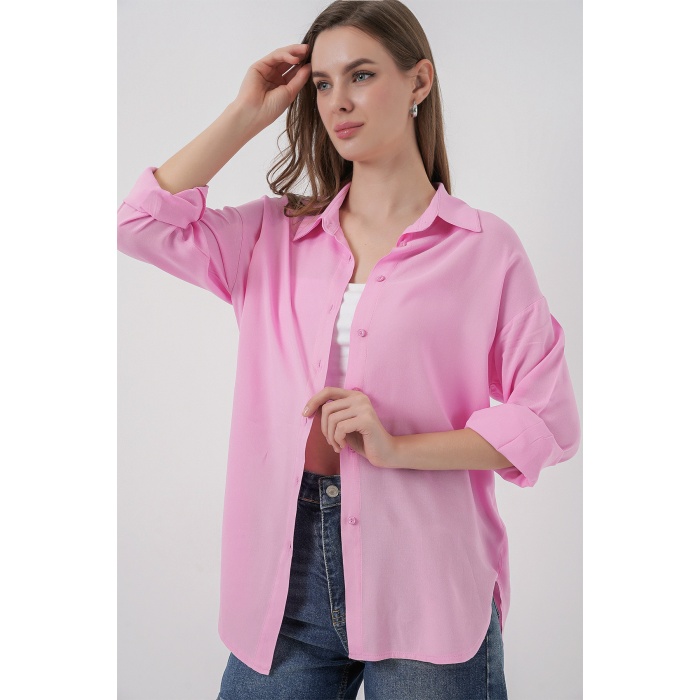 Kadın Oversize Viskon Gömlek 3785 - Pembe