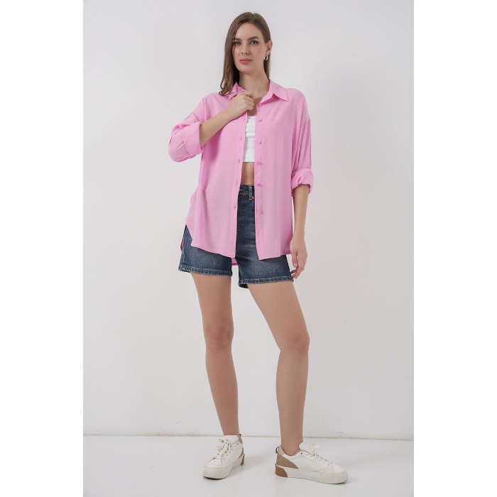 Kadın Oversize Viskon Gömlek 3785 - Pembe