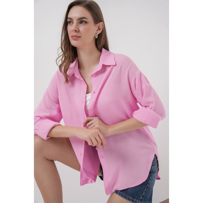 Kadın Oversize Viskon Gömlek 3785 - Pembe
