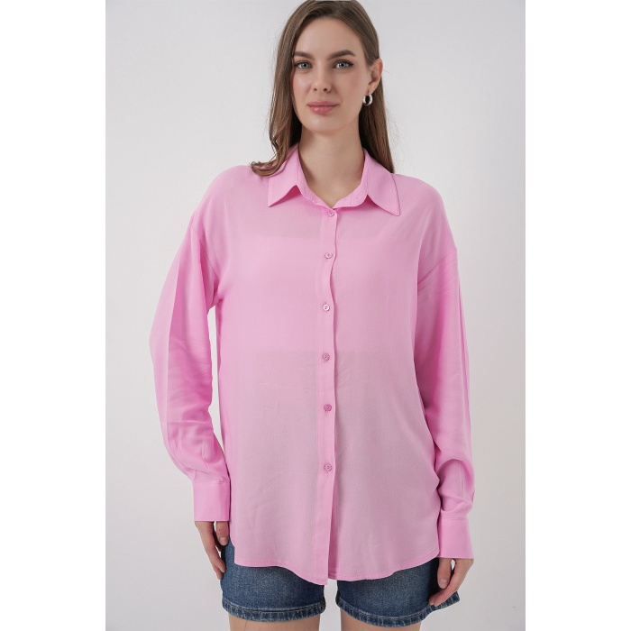 Kadın Oversize Viskon Gömlek 3785 - Pembe