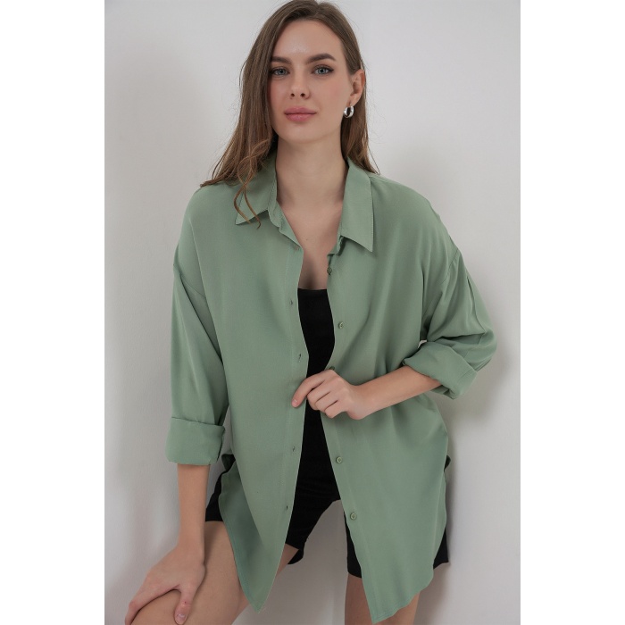 Kadın Oversize Viskon Gömlek 3785 - Çağla