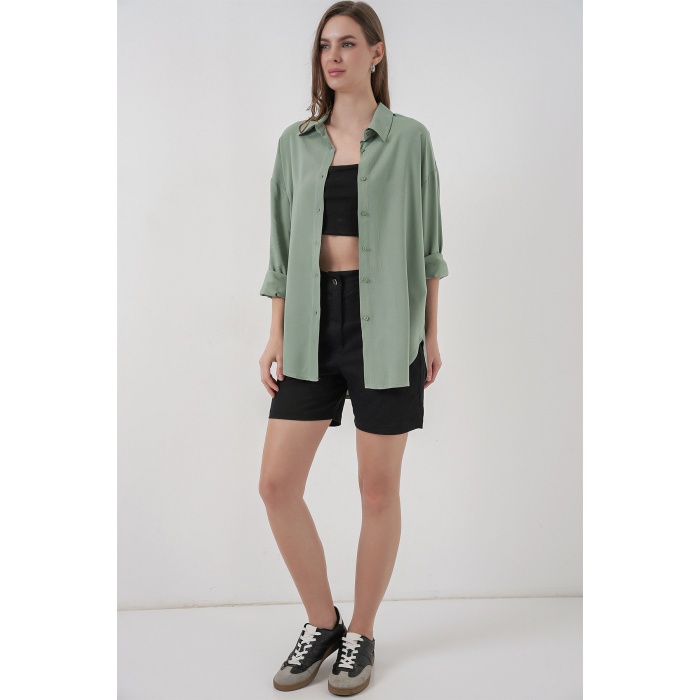 Kadın Oversize Viskon Gömlek 3785 - Çağla