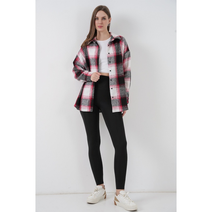 Kadın Ekose Desen Oversize Oduncu Gömlek 3854 Kiremit