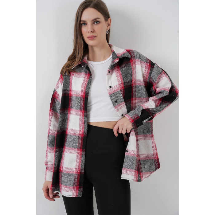 Kadın Ekose Desen Oversize Oduncu Gömlek 3854 Kiremit