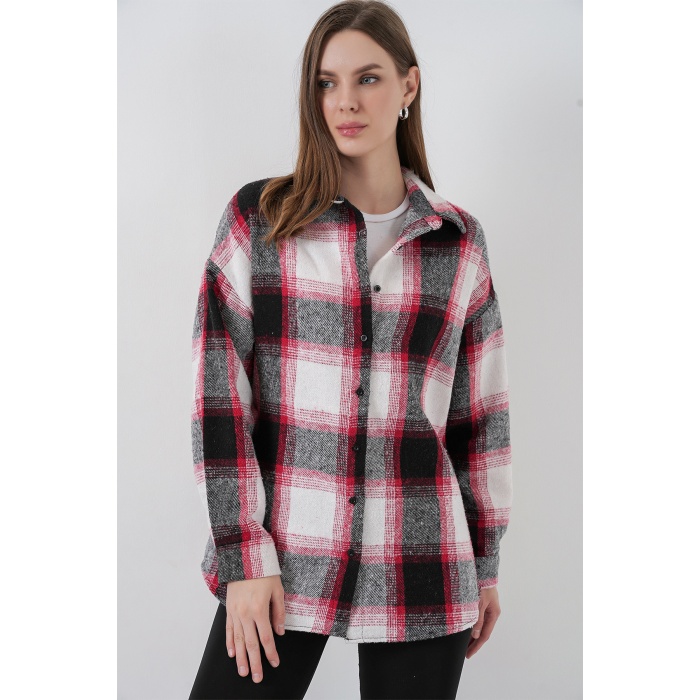 Kadın Ekose Desen Oversize Oduncu Gömlek 3854 Kiremit