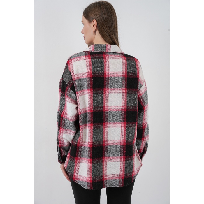 Kadın Ekose Desen Oversize Oduncu Gömlek 3854 Kiremit