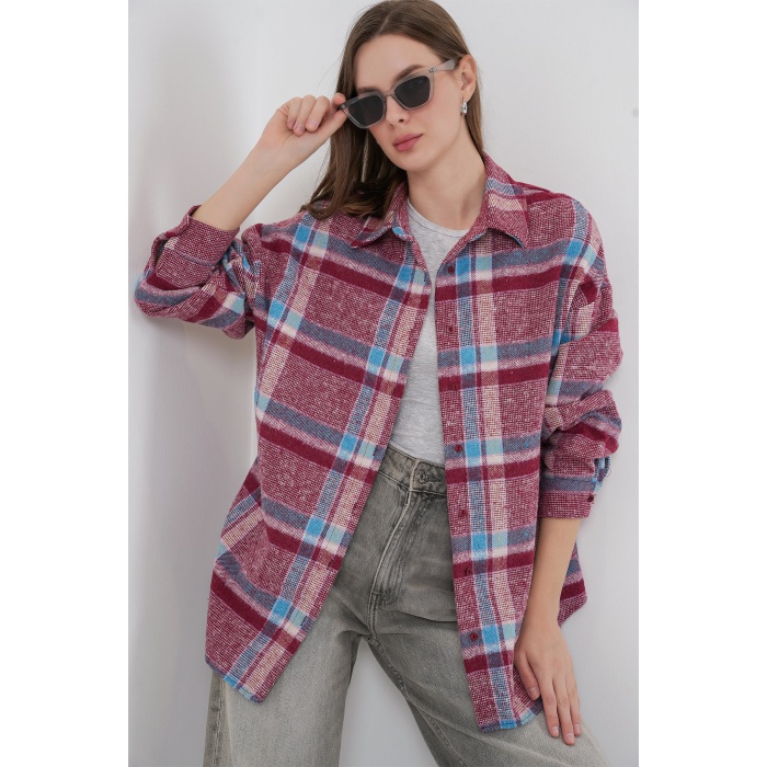 Kadın Ekose Desen Oversize Oduncu Gömlek 3854 Mor