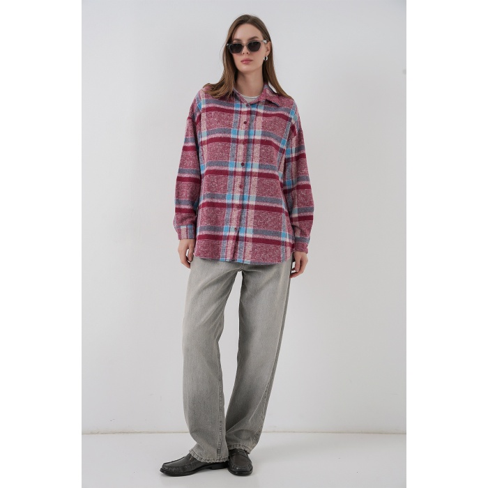 Kadın Ekose Desen Oversize Oduncu Gömlek 3854 Mor