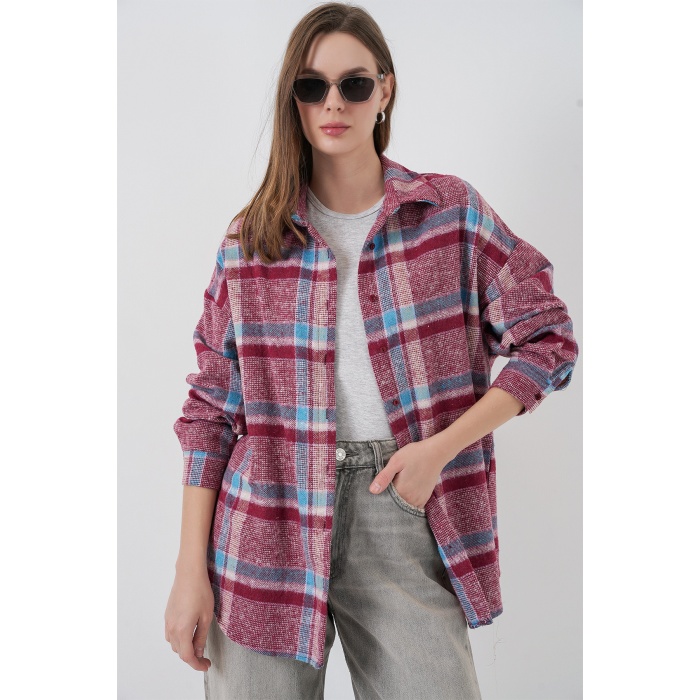 Kadın Ekose Desen Oversize Oduncu Gömlek 3854 Mor