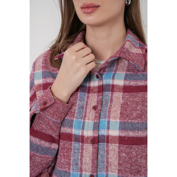 Kadın Ekose Desen Oversize Oduncu Gömlek 3854 Mor