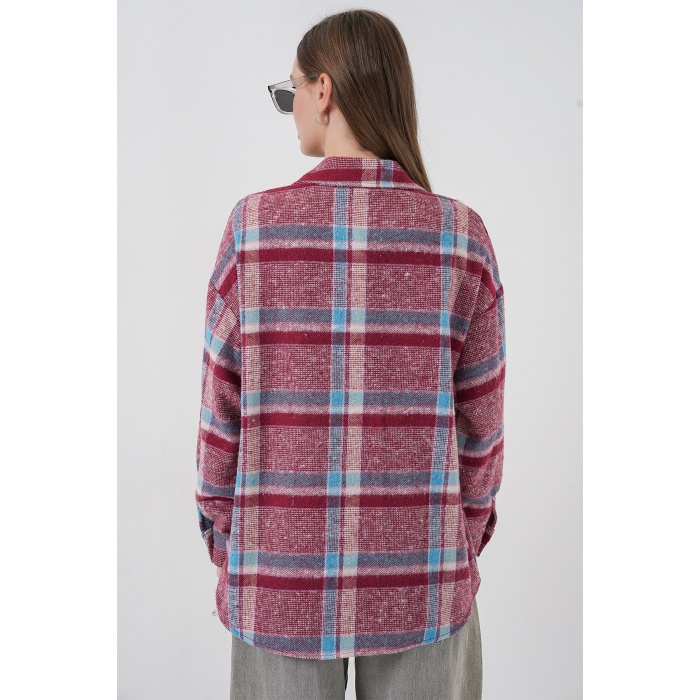 Kadın Ekose Desen Oversize Oduncu Gömlek 3854 Mor