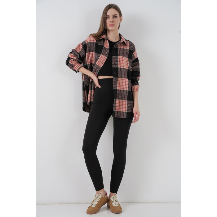 Kadın Ekose Desen Oversize Oduncu Gömlek 3854 A.Pudra