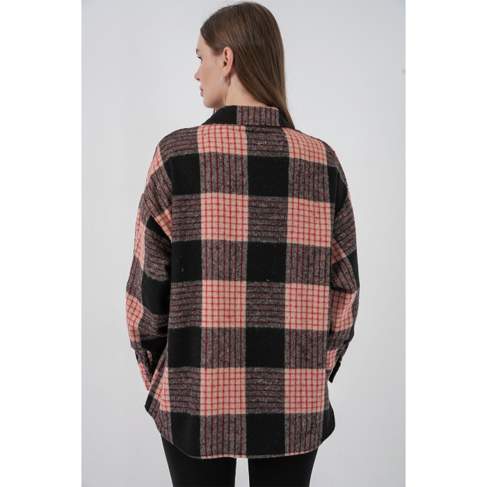 Kadın Ekose Desen Oversize Oduncu Gömlek 3854 A.Pudra