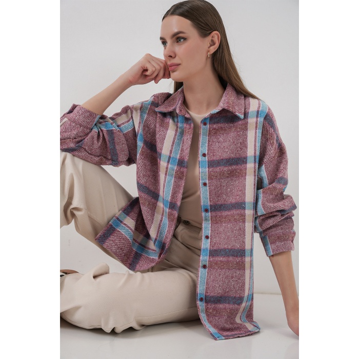 Kadın Ekose Desen Oversize Oduncu Gömlek 3854 Pembe