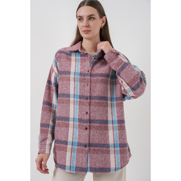 Kadın Ekose Desen Oversize Oduncu Gömlek 3854 Pembe