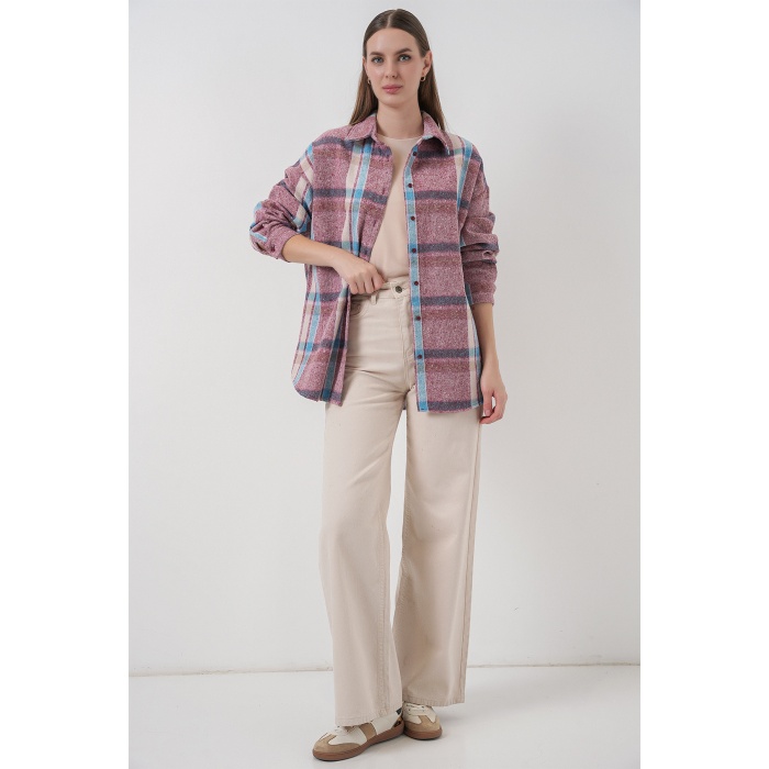 Kadın Ekose Desen Oversize Oduncu Gömlek 3854 Pembe