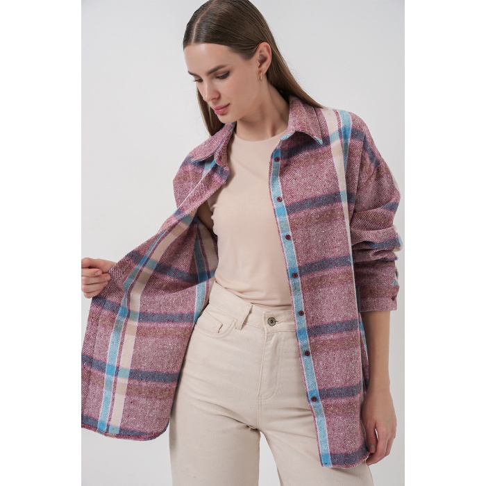Kadın Ekose Desen Oversize Oduncu Gömlek 3854 Pembe