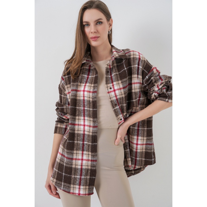 Kadın Ekose Desen Oversize Oduncu Gömlek 3854 Vizon
