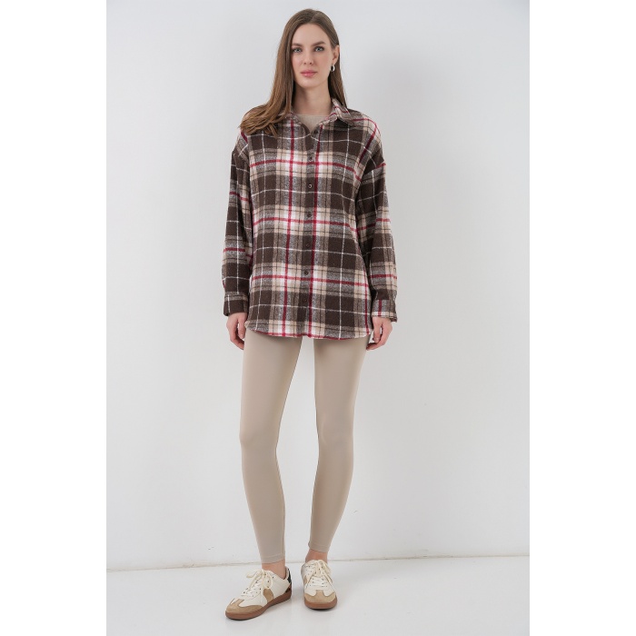 Kadın Ekose Desen Oversize Oduncu Gömlek 3854 Vizon