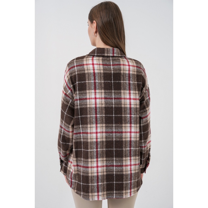 Kadın Ekose Desen Oversize Oduncu Gömlek 3854 Vizon