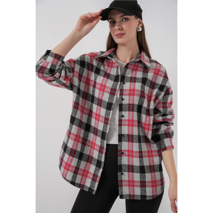 Kadın Ekose Desen Oversize Oduncu Gömlek 3854 Nar