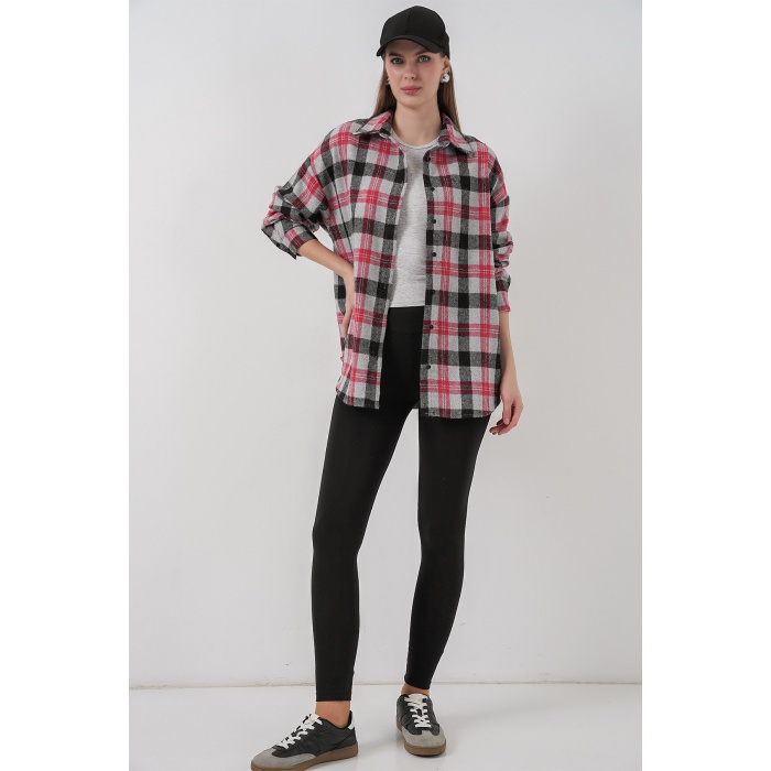 Kadın Ekose Desen Oversize Oduncu Gömlek 3854 Nar
