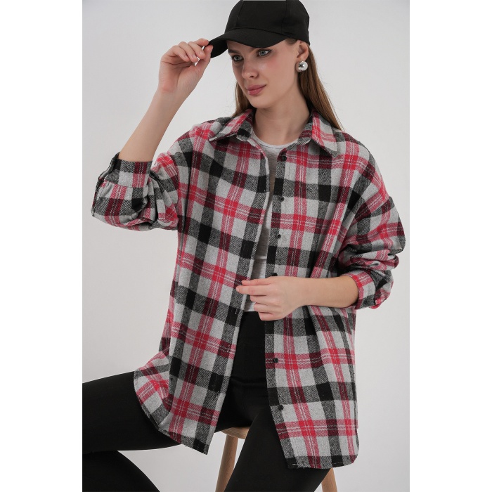Kadın Ekose Desen Oversize Oduncu Gömlek 3854 Nar