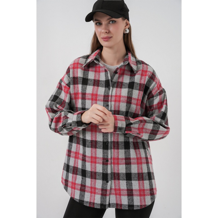 Kadın Ekose Desen Oversize Oduncu Gömlek 3854 Nar