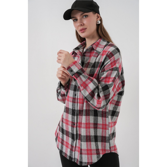Kadın Ekose Desen Oversize Oduncu Gömlek 3854 Nar