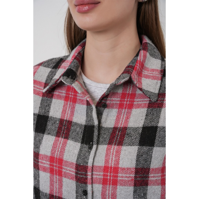 Kadın Ekose Desen Oversize Oduncu Gömlek 3854 Nar